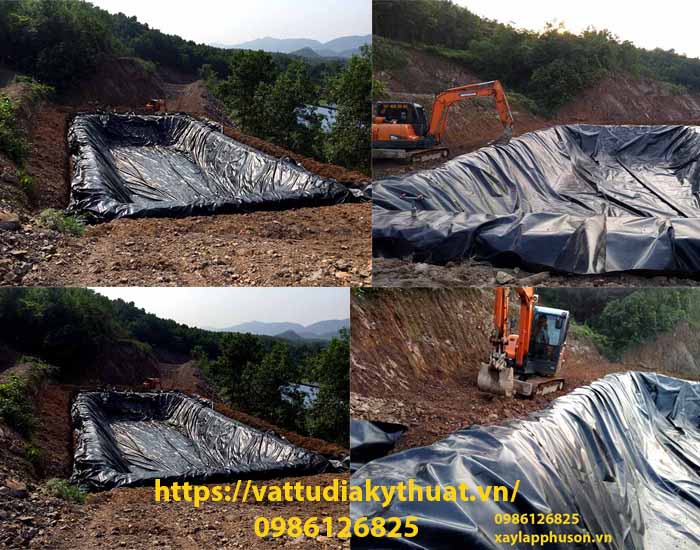 Hình quả quá trình thi công lót màng chống thấm hầm biogas trang trại tại Thái nguyên